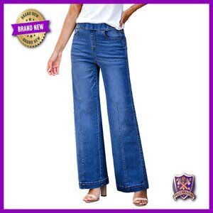 Stretchy High Waisted Wide Leg Jeans, Pull On Closure, 30" Inseam